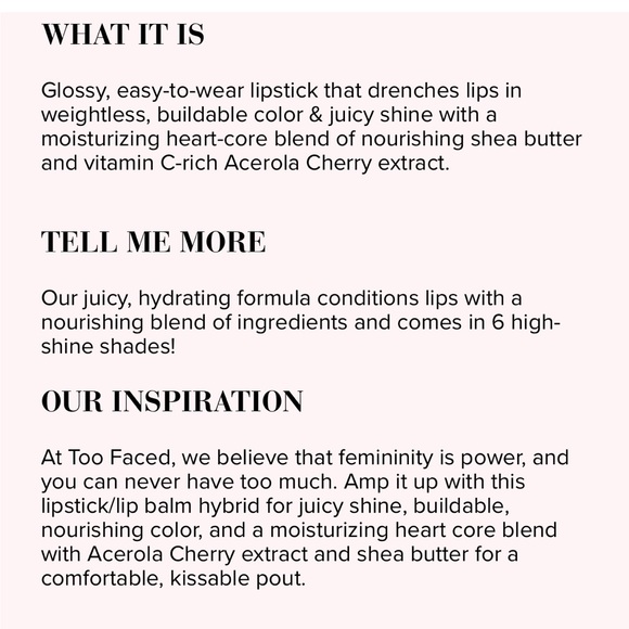 NIB - TOO FACED - Too Femme Heart Core Lipstick - NOTHING COMPARES 2 U - Picture 16 of 16